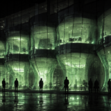 A glass building frontage at night where the interior architecture has bent and rebuilt itself toward the figures standing outside