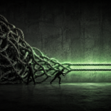 A tangled snarl of heavy rope being drawn out and resolved into two clean parallel cords, neither of them cut