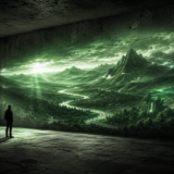 A lone figure in a dim room casting a vast luminous landscape across the far wall, far larger than the room itself