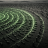 Concentric wave rings spreading across a field of upright forms, with measurement ridges marking how far the effect reached