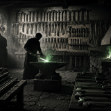 A forge workshop where craftspeople build their own tools, with racks of hand-made instruments and a glowing piece on the anvil