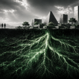 Cross-section of earth showing a glowing root system below ground shaping the city standing above it