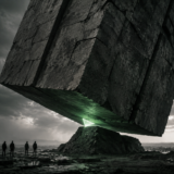 An enormous stone monolith tipping on a narrow fulcrum, moved by one small precisely placed glowing wedge