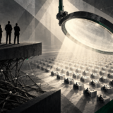 A colossal suspended magnifying lens casts a beam of light over a vast grid of workers at desks, while a group of executives stands in shadow on a raised platform outside the beam, above an unexamined tangle of cables and network nodes