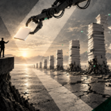 Executives on a concrete ledge receive a document from a robotic arm that pulls it from towering, leaning stacks of paper rooted in cracked ground