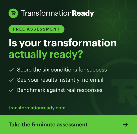 TransformationReady: free transformation readiness assessment. Take the 5-minute assessment.